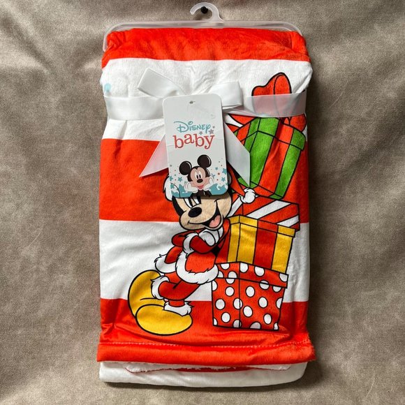 ADORABLE DISNEY BABY MICKEY MOUSE CHRISTMAS SHERPA LINED BABY BLANKET. 30" x 40" - Picture 1 of 5